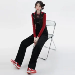 Czarne Damskie Ogrodniczki Retro – Luźne Jeansy Streetwear