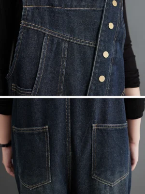 Damskie Ogrodniczki Jeansowe Streetwear – Luźne, Z Szeroką Nogawką, Kieszeniami