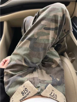 Spodnie Damskie Camouflage Spice Style – Wysoki Stan, Szerokie Nogawki