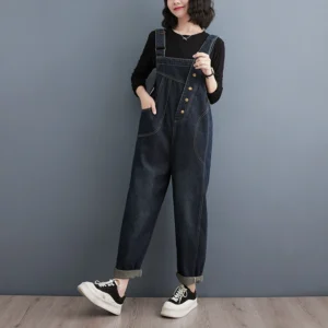 Damskie Ogrodniczki Jeansowe Streetwear – Luźne, Z Szeroką Nogawką, Kieszeniami
