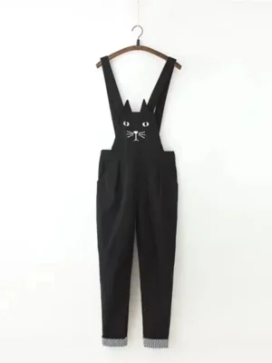 Stylowe Ogrodniczki w Stylu Kawaii z Wyszywanym Wzorem Kota