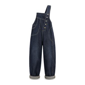 Damskie Ogrodniczki Jeansowe Streetwear – Luźne, Z Szeroką Nogawką, Kieszeniami - Granatowy, XL