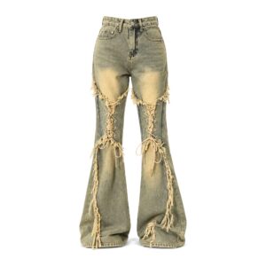 Damskie Streetwearowe Jeansy z Pazurem – Retro Look - Khaki, L