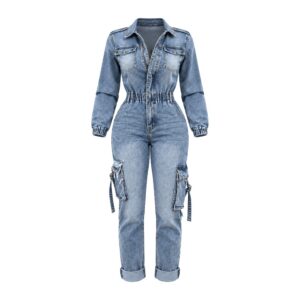 Stylowy Kombinezon Jeansowy Damski z Kieszeniami - Niebieski, XL