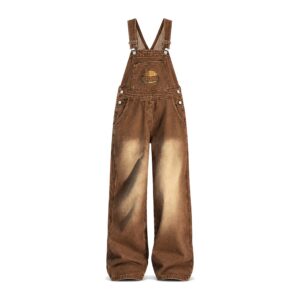 Vintage  ogrodniczki damskie z haftem – luźne  w stylu retro - Brązowy, S