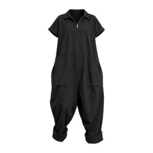 Letni Kombinezon Damski Vintage –  Luźny Krój z Kieszeniami - Czarny, XL