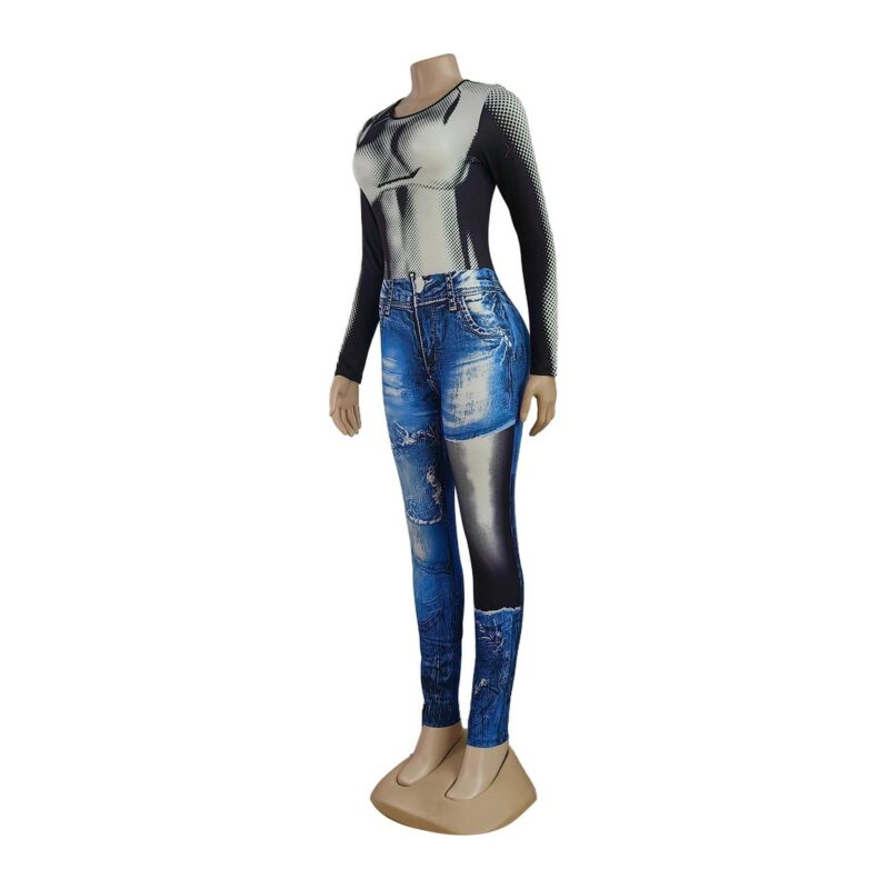 Kombinezon Damski  z Długim Rękawem – Imitacja Denimu,Wygodny i Stylowy Look Jeansowy