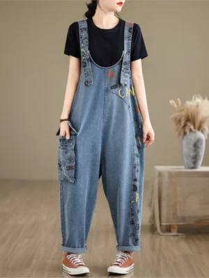 Oversize'owe jeansy damskie z nadrukiem – Casual z efektem patchworku