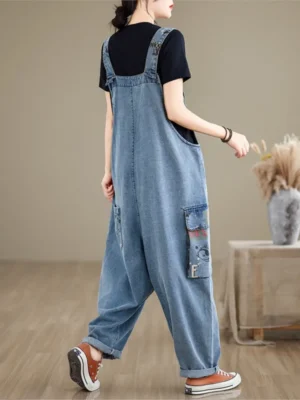 Oversize'owe jeansy damskie z nadrukiem – Casual z efektem patchworku