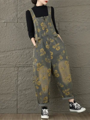 Damskie Ogrodniczki Jeansowe w Kwiaty – Luźny Krój, Styl Boho