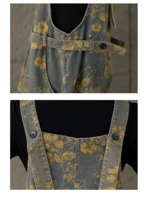 Damskie Ogrodniczki Jeansowe w Kwiaty – Luźny Krój, Styl Boho