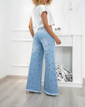 Jeansy Damskie Vintage – Wysoki Stan, Elastyczny Denim, Stylowe Oczka