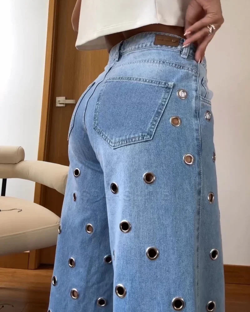 Jeansy Damskie Vintage – Wysoki Stan, Elastyczny Denim, Stylowe Oczka