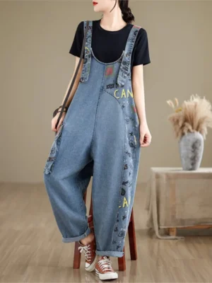 Oversize'owe jeansy damskie z nadrukiem – Casual z efektem patchworku