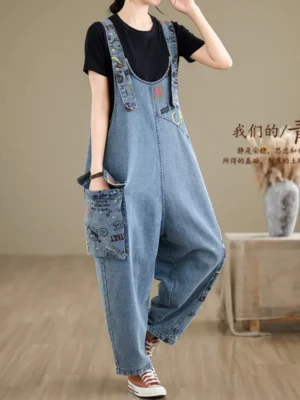 Oversize'owe jeansy damskie z nadrukiem – Casual z efektem patchworku