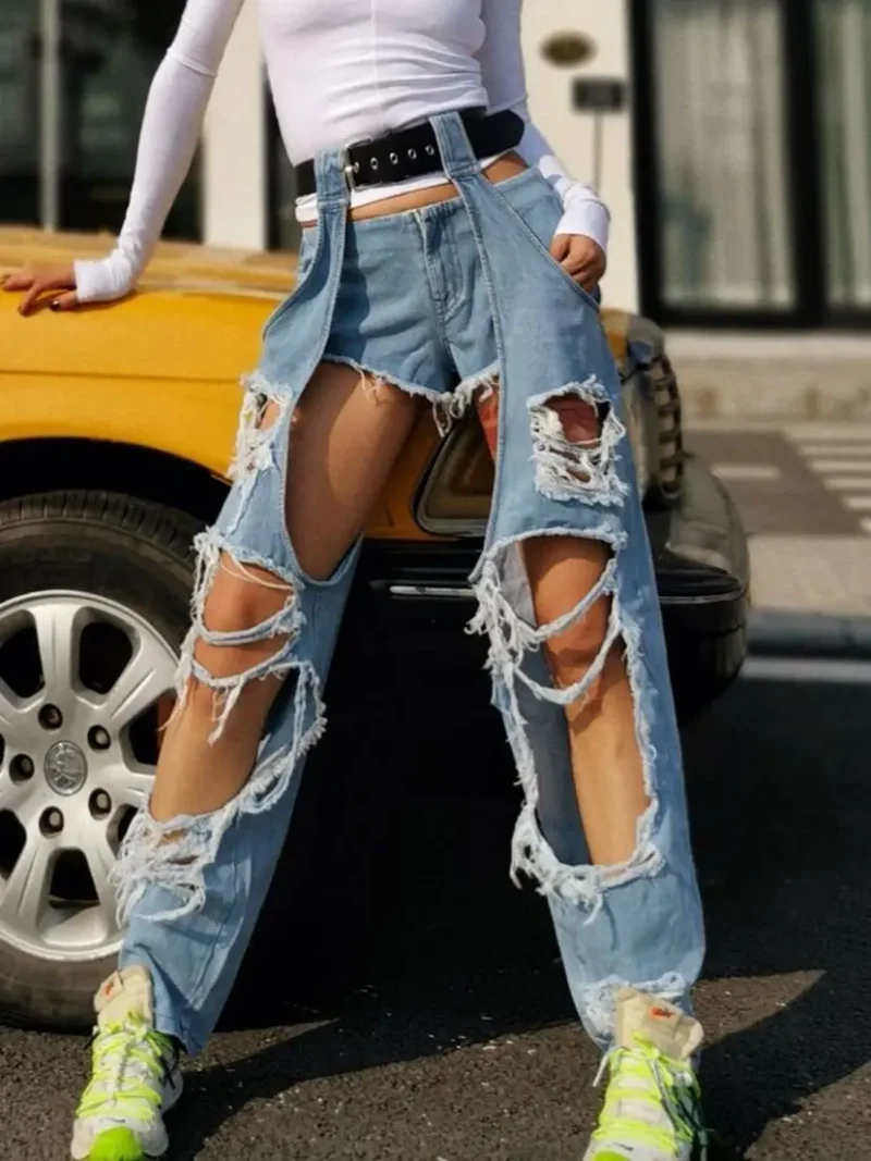 Jeansy Damskie streetwear z wysokim stanem – szerokie nogawki, efektowne dziury