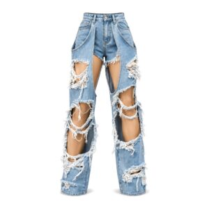 Jeansy Damskie streetwear z wysokim stanem – szerokie nogawki, efektowne dziury - Niebieski, M