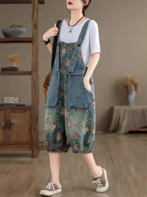 Ogrodniczki Damskie vintage – luźny denim playsuit z nadrukiem, casual