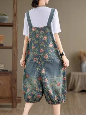 Ogrodniczki Damskie vintage – luźny denim playsuit z nadrukiem, casual