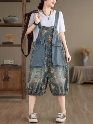 Ogrodniczki Damskie vintage – luźny denim playsuit z nadrukiem, casual