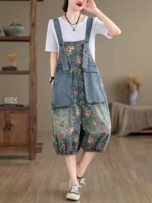 Ogrodniczki Damskie vintage – luźny denim playsuit z nadrukiem, casual