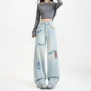 Damskie jeansy z wysokim stanem i haftem | Styl streetwear