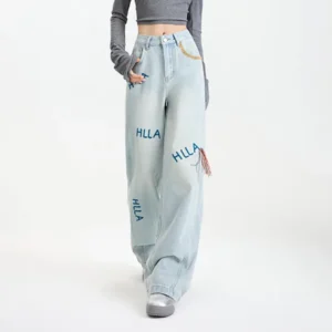 Damskie jeansy z wysokim stanem i haftem | Styl streetwear