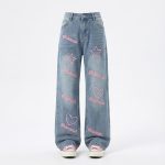 Jeansy damskie wide leg jasny denim z różowymi aplikacjami (serca, gwiazdy)