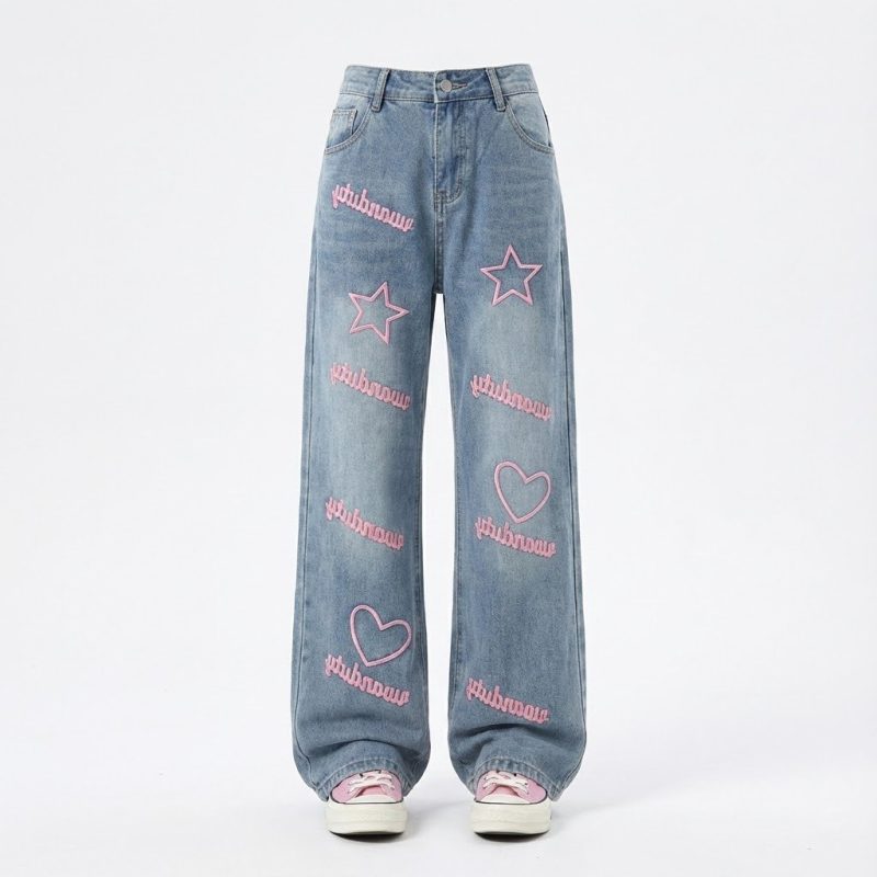 Jeansy damskie wide leg jasny denim z różowymi aplikacjami (serca, gwiazdy)