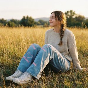Jeansy damskie wide leg jasny denim z różowymi aplikacjami (serca, gwiazdy)