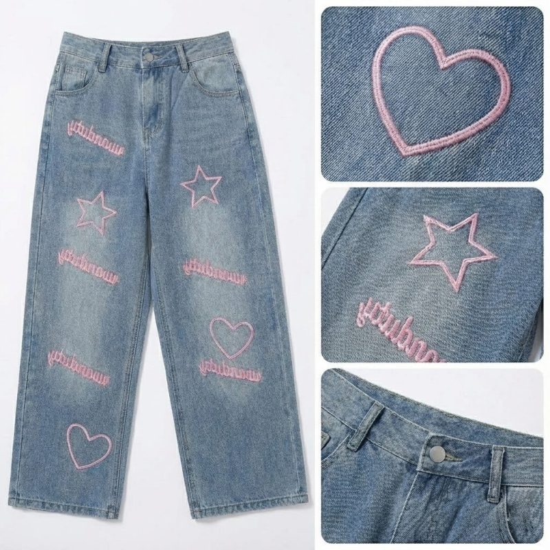 Jeansy damskie wide leg jasny denim z różowymi aplikacjami (serca, gwiazdy)