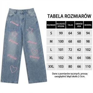 Jeansy damskie wide leg jasny denim z różowymi aplikacjami (serca, gwiazdy)