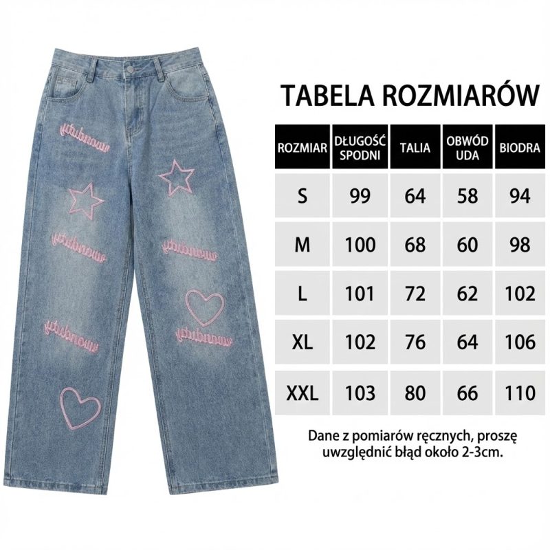 Jeansy damskie wide leg jasny denim z różowymi aplikacjami (serca, gwiazdy)