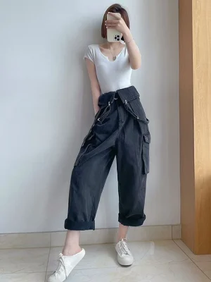 Denimowe ogrodniczki damskie Vintage Streetwear – luźny krój