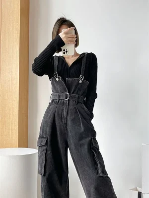 Denimowe ogrodniczki damskie Vintage Streetwear – luźny krój