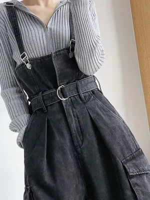 Denimowe ogrodniczki damskie Vintage Streetwear – luźny krój