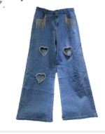 Damskie jeansy wide-leg z sercowym wycięciem – frędzle, luźny fason