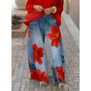 Damskie jeansy Wide Leg z kwiatowym nadrukiem – luźny krój