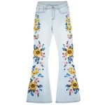 Damskie dżinsy dzwony bootcut z haftem kwiatowym – vintage