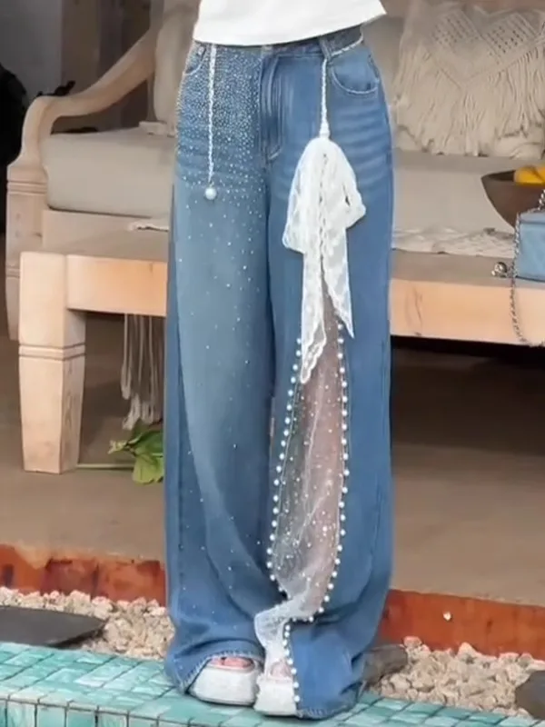 Damskie jeansy baggy z siateczką– streetwear  z kowbojskim twistem