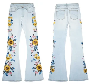 Damskie dżinsy dzwony bootcut z haftem kwiatowym – vintage