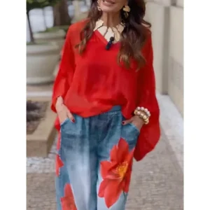 Damskie jeansy Wide Leg z kwiatowym nadrukiem – luźny krój