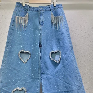 Damskie jeansy wide-leg z sercowym wycięciem – frędzle, luźny fason