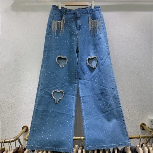 Damskie jeansy wide-leg z sercowym wycięciem – frędzle, luźny fason