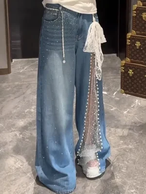 Damskie jeansy baggy z siateczką– streetwear  z kowbojskim twistem