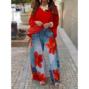 Damskie jeansy Wide Leg z kwiatowym nadrukiem – luźny krój