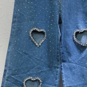 Damskie jeansy wide-leg z sercowym wycięciem – frędzle, luźny fason