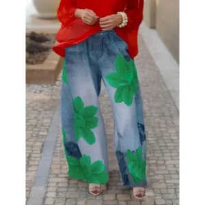 Damskie jeansy Wide Leg z kwiatowym nadrukiem – luźny krój