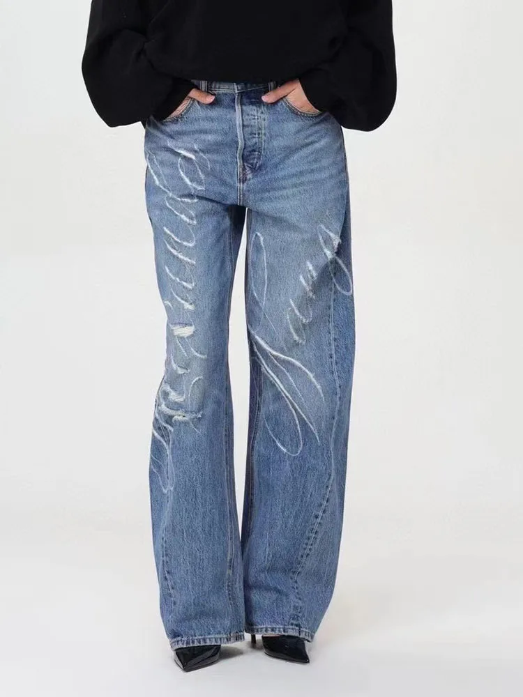 Damskie jeansy TWOTWINSTYLE – wysoki stan, luźny krój
