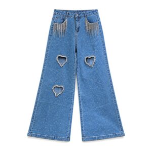 Damskie jeansy wide-leg z sercowym wycięciem – frędzle, luźny fason - Niebieski, XL